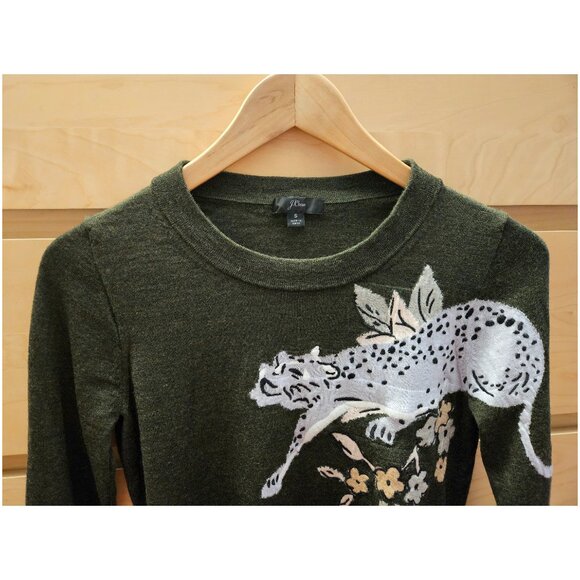J.Crew Tippi Intarsia Green Cheetah Merino Wool Sweater Size Small - Picture 5 of 9